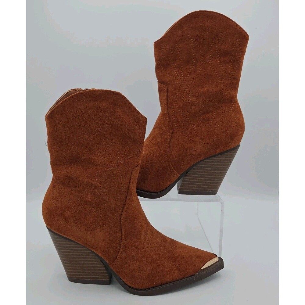 Abria Women's Western Boots Size 6 Brown Suede Metal Toe Stacked Heel Ankle NWOB